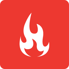 white fire flame icon on red background