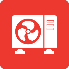 white heat pump icon on red background